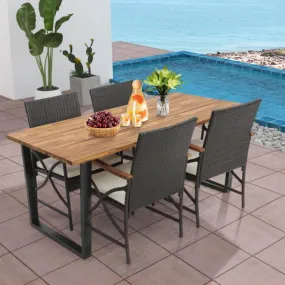 5 Pieces Patio Rattan Dining Set with Acacia Wood Tabletop and Armrests