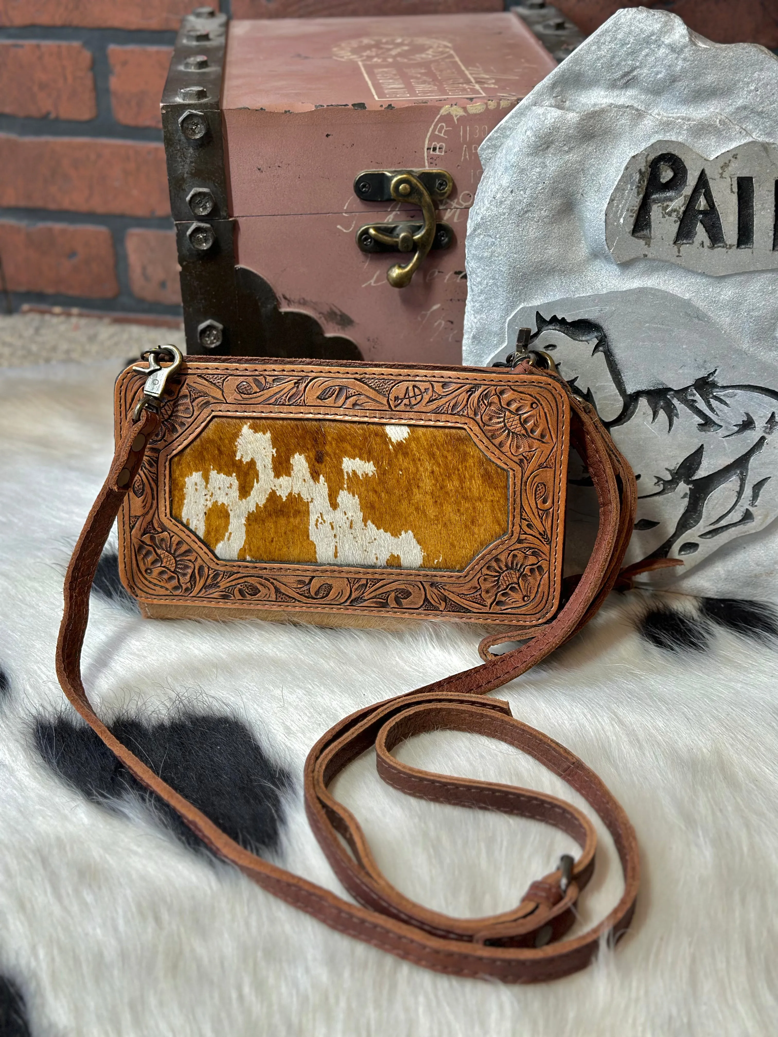 American Darling Tooled Leather and Hair-On Crossbody Clutch Purse ADBG806