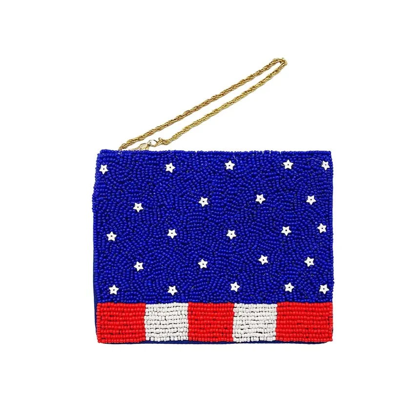 American USA Flag Seed Beaded Mini Pouch Bag