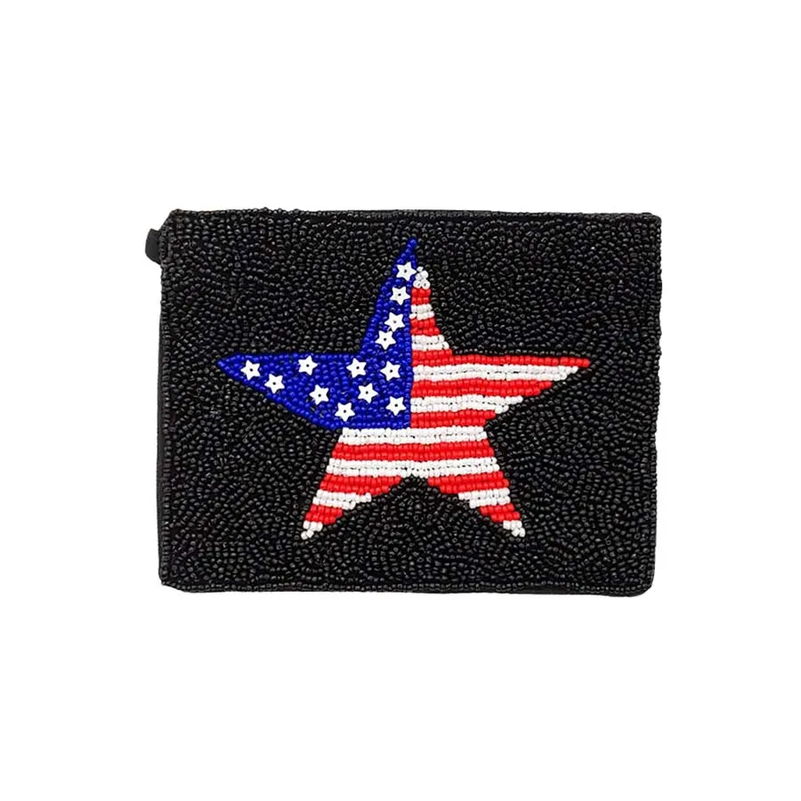 American USA Flag Star Seed Beaded Mini Pouch Bag