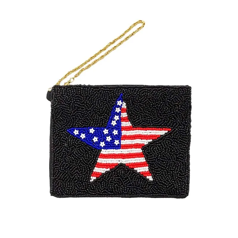 American USA Flag Star Seed Beaded Mini Pouch Bag