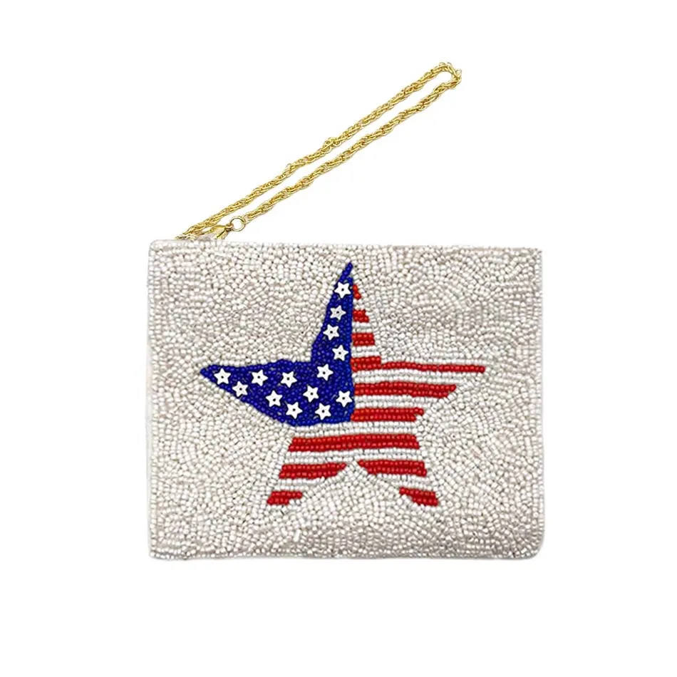 American USA Flag Star Seed Beaded Mini Pouch Bag