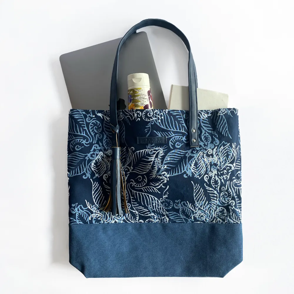 Batik Tote Bag - Blue Nautical Fern