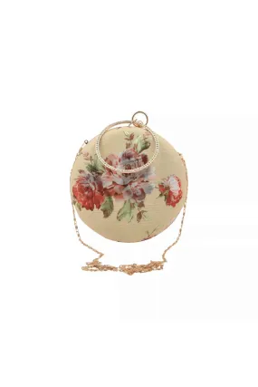 Beige Floral Foil Print Circular Clutch