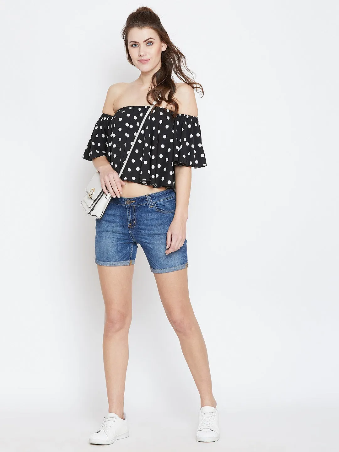 Berrylush Women Black & White Polka Dot Printed Off-Shoulder Neck Ruffled Crop Bardot Top