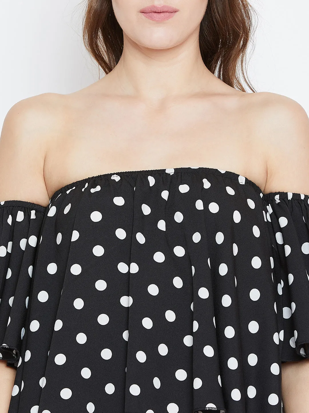 Berrylush Women Black & White Polka Dot Printed Off-Shoulder Neck Ruffled Crop Bardot Top