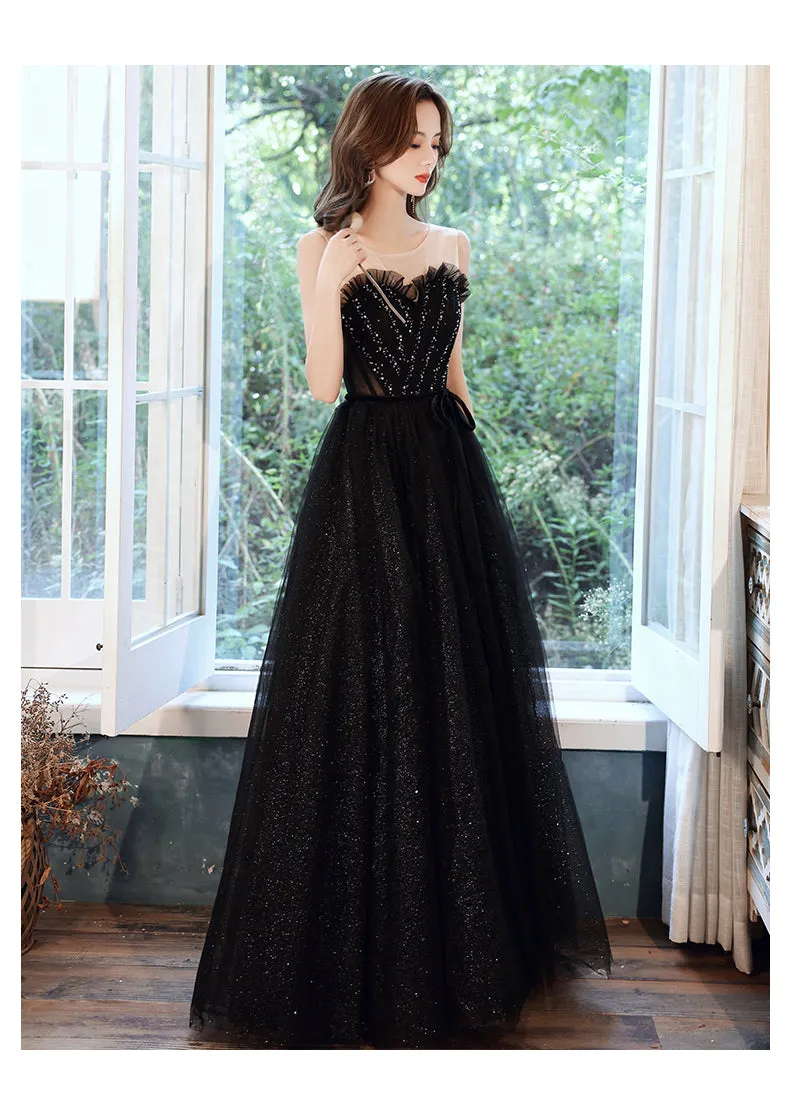 Black sweetheart neck tulle sequin beads long prom dress