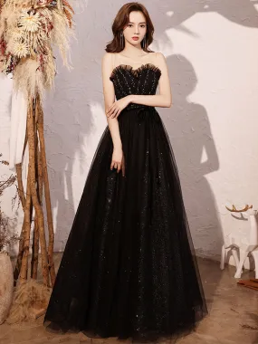 Black sweetheart neck tulle sequin beads long prom dress