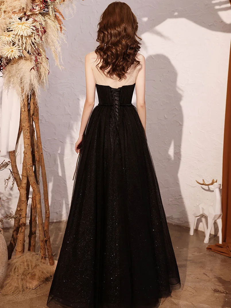 Black sweetheart neck tulle sequin beads long prom dress