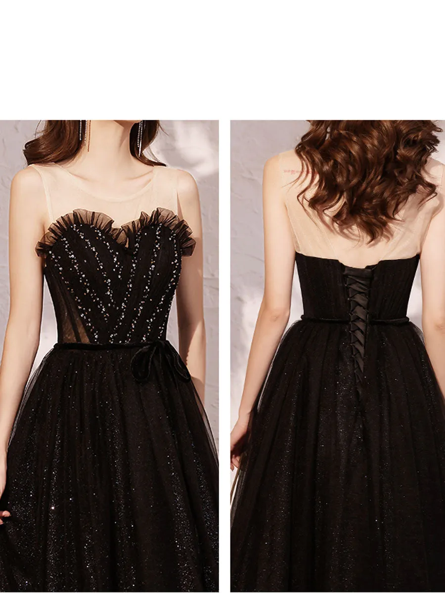 Black sweetheart neck tulle sequin beads long prom dress