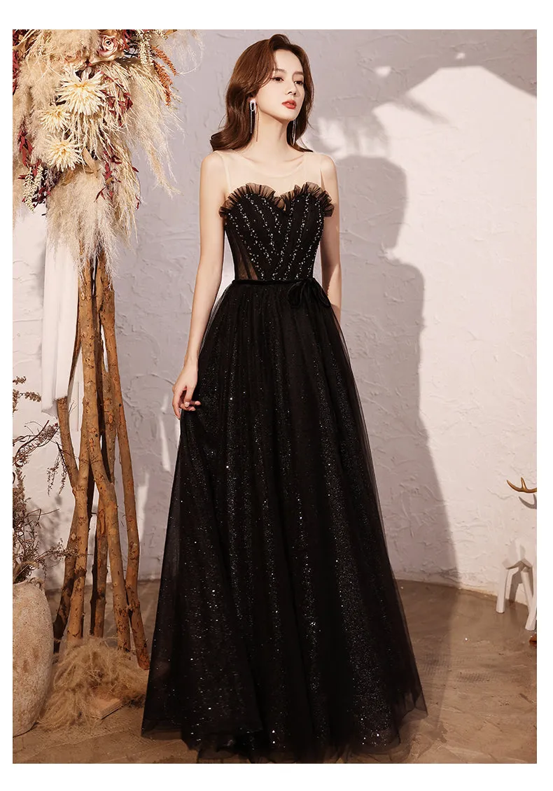 Black sweetheart neck tulle sequin beads long prom dress