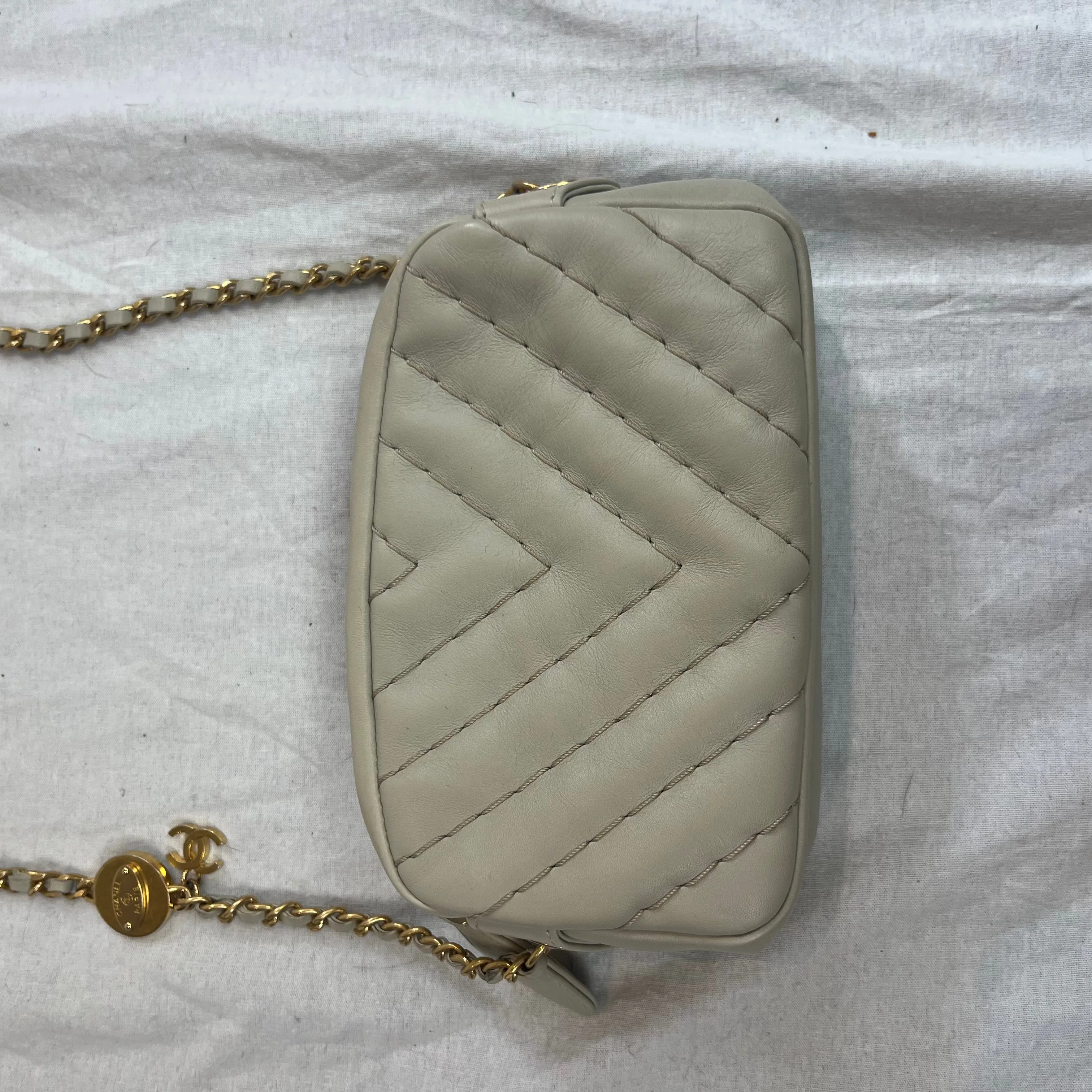 Chanel SS12 Deep Cream Topstitched Chevron Mini Shoulderbag