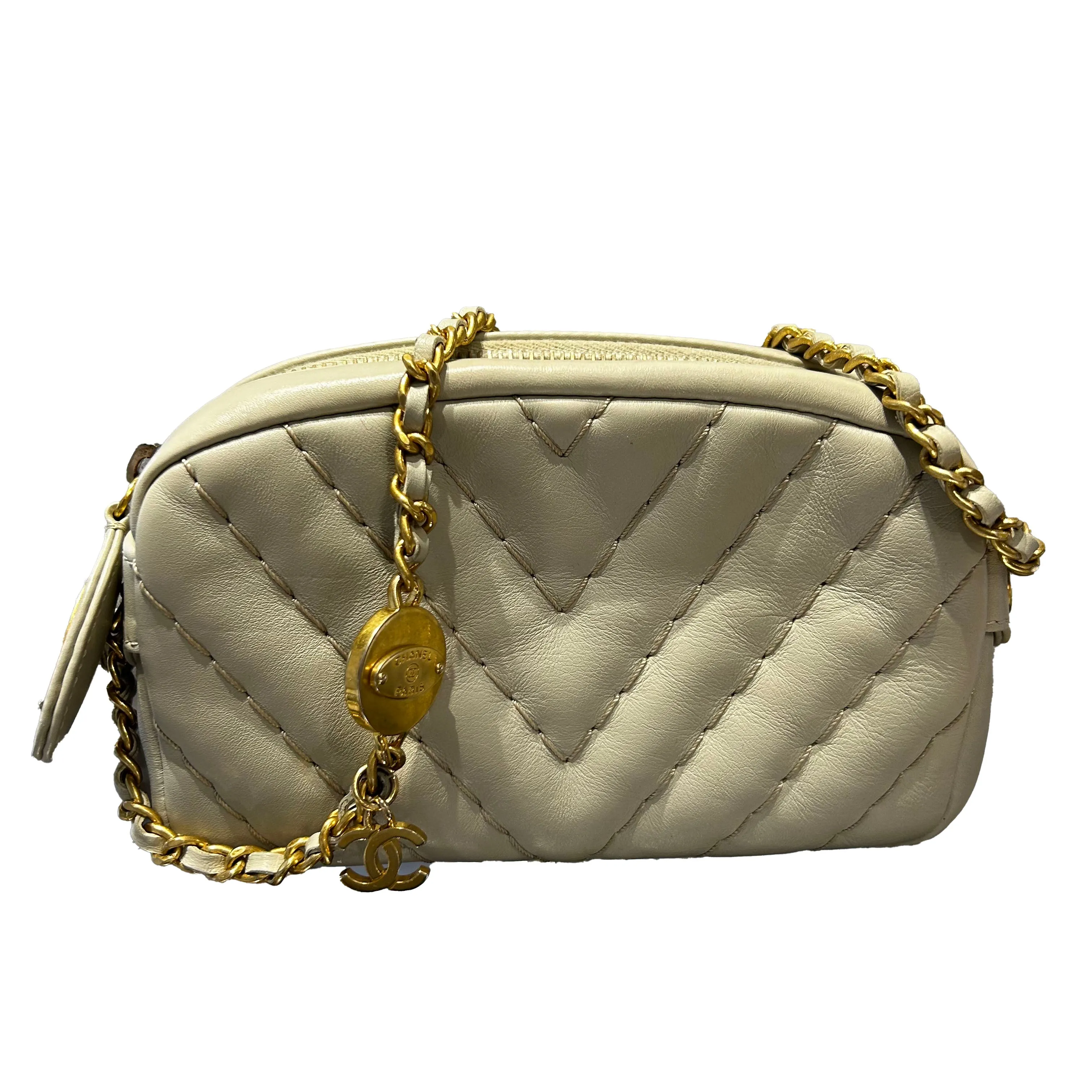 Chanel SS12 Deep Cream Topstitched Chevron Mini Shoulderbag