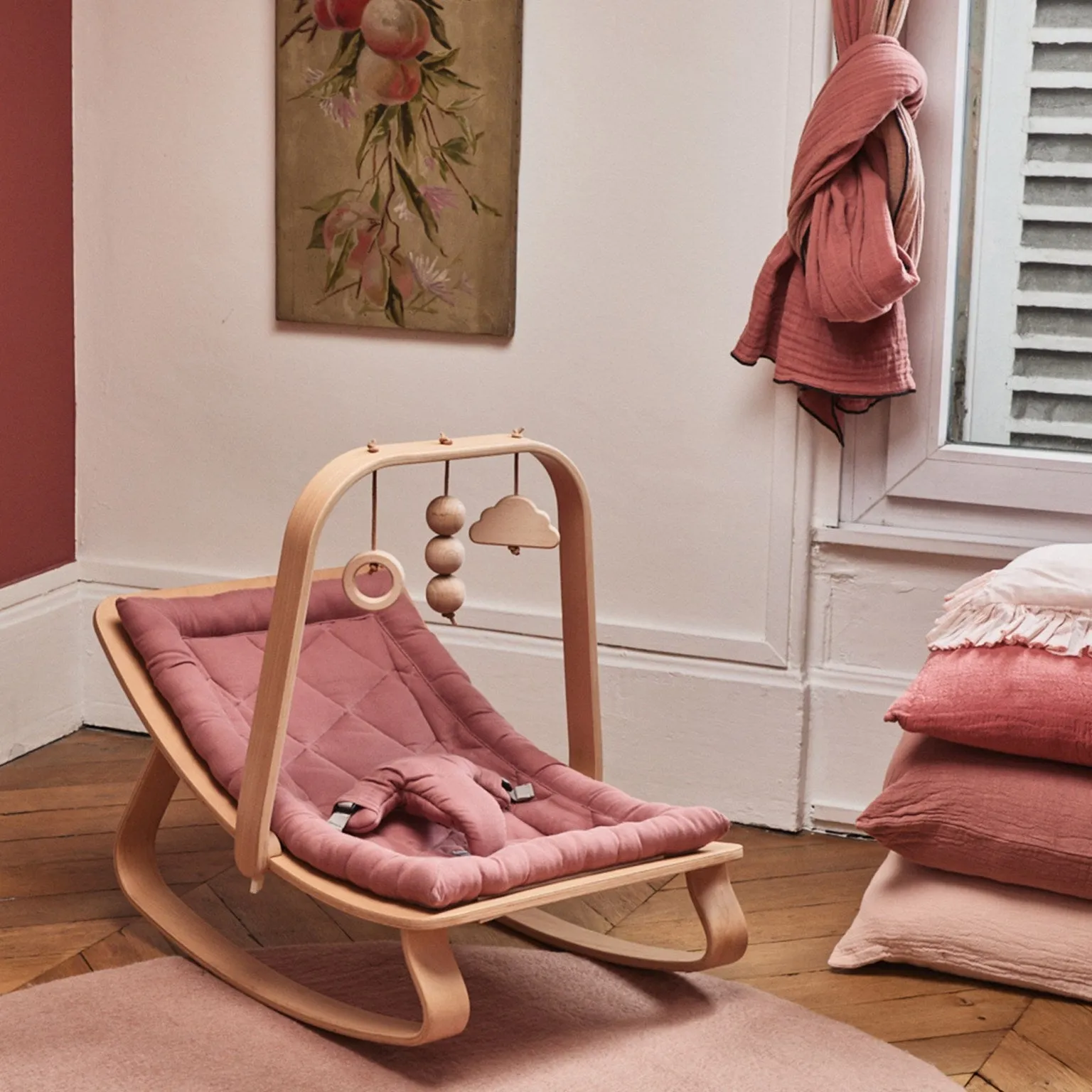 Charlie Crane Levo Baby Rocker in Beech with Bois de Rose Cushion