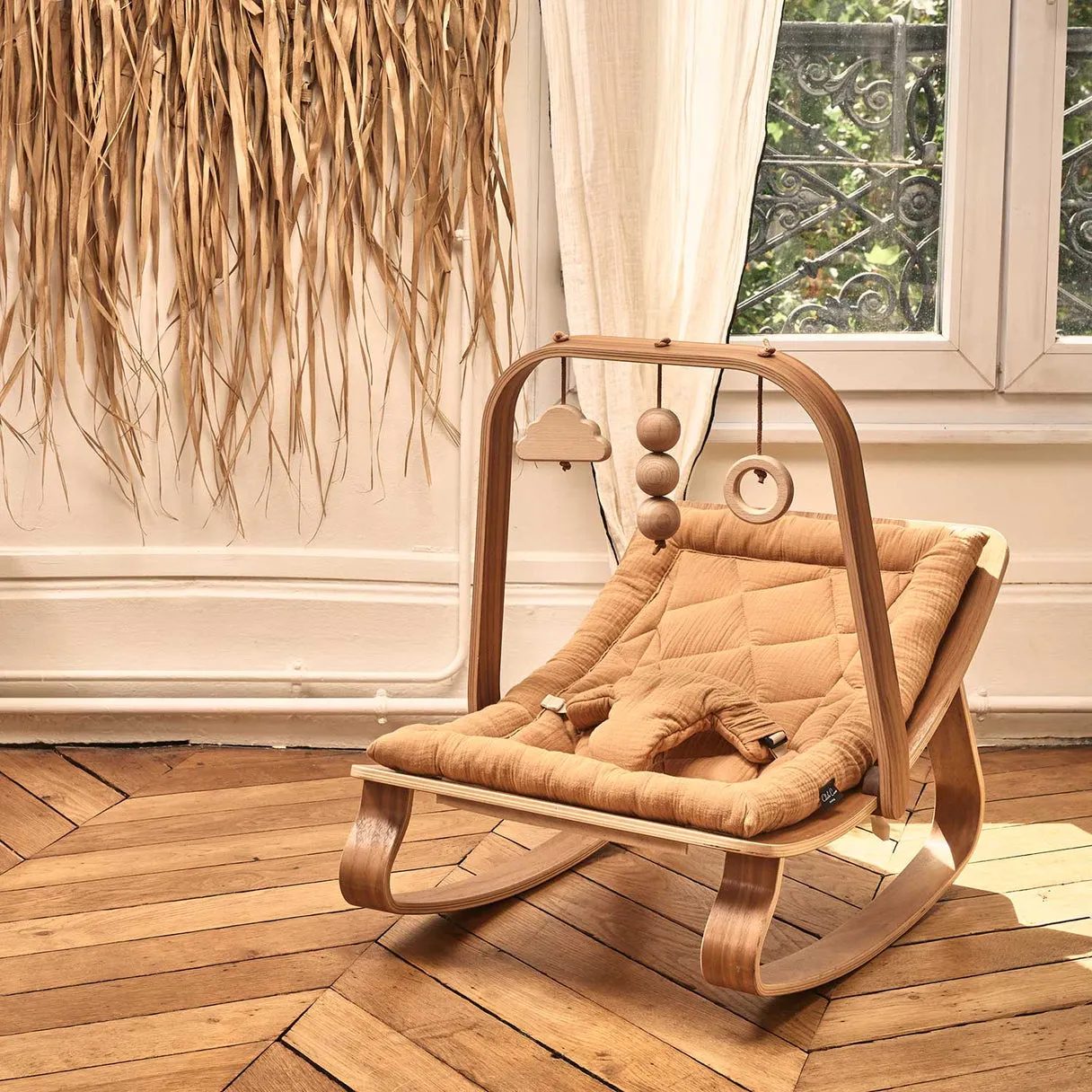 Charlie Crane Levo Baby Rocker in Walnut with Camel Cushion