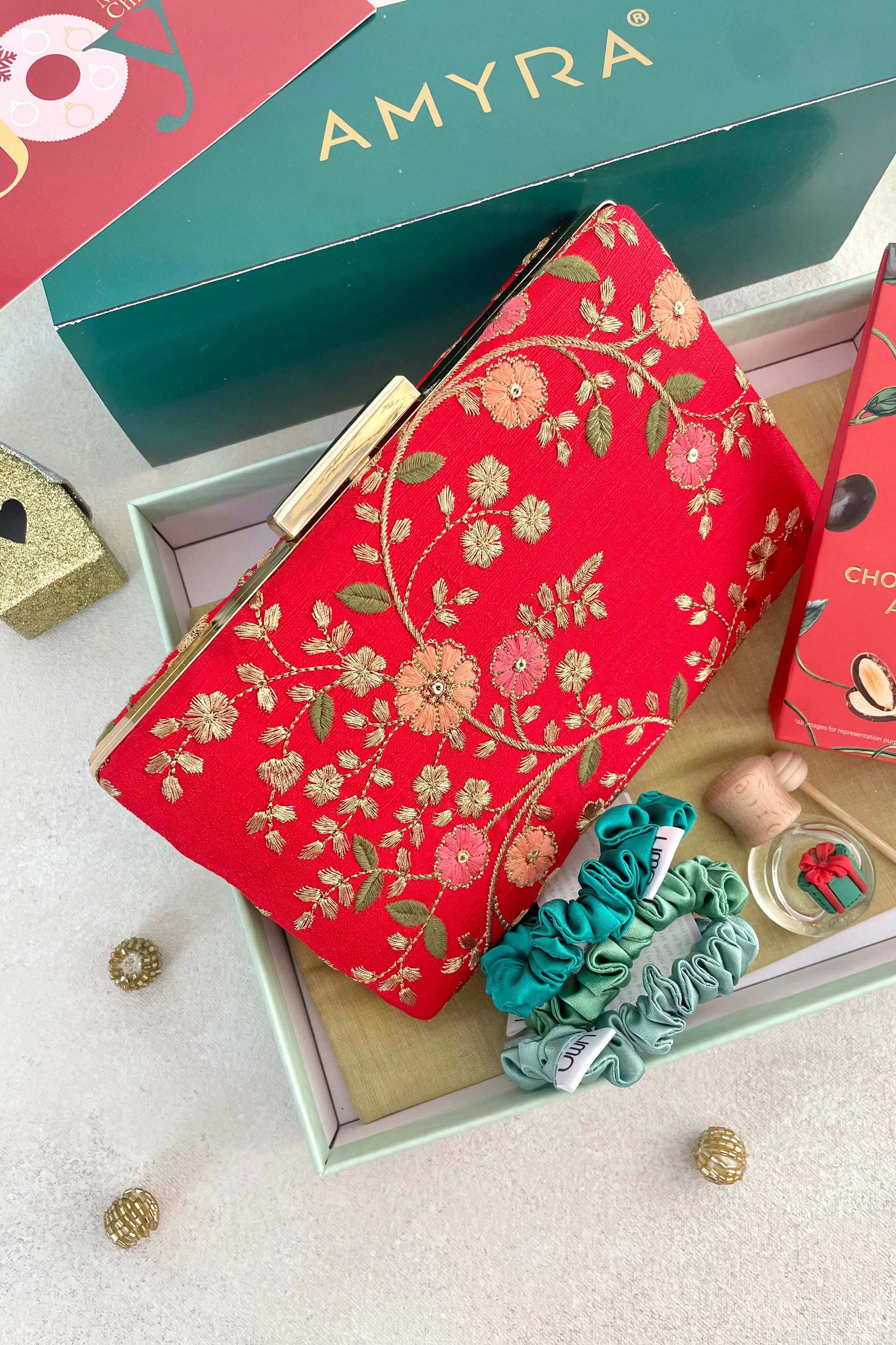 Christmas Hamper - Floral Creeper Red Clutch - Scented & Accessory Box