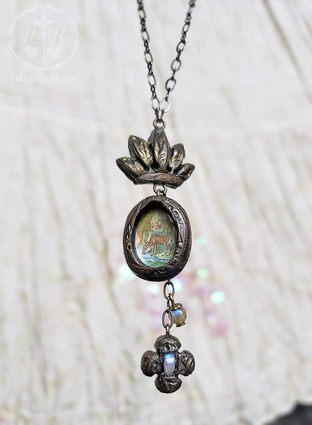 Crowned Stag Amulet with Labradorite Clover Cross