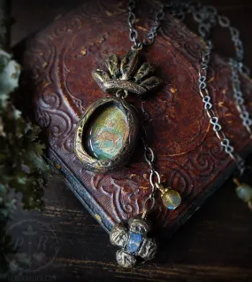 Crowned Stag Amulet with Labradorite Clover Cross