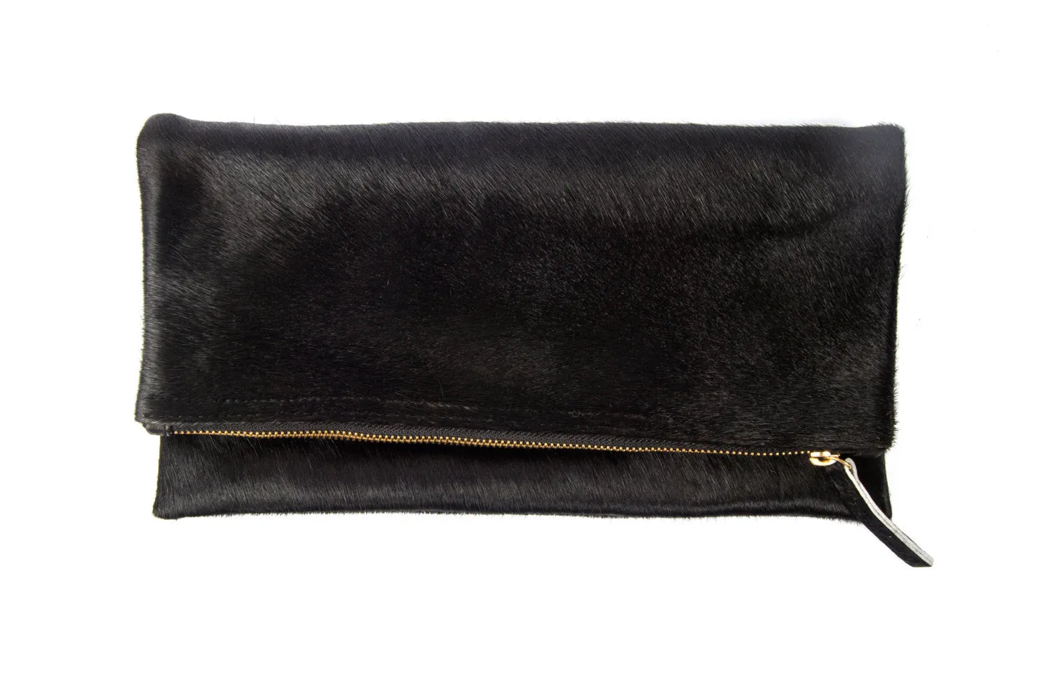 Foldover Clutch-Genuine Calf Hair Leather-Black