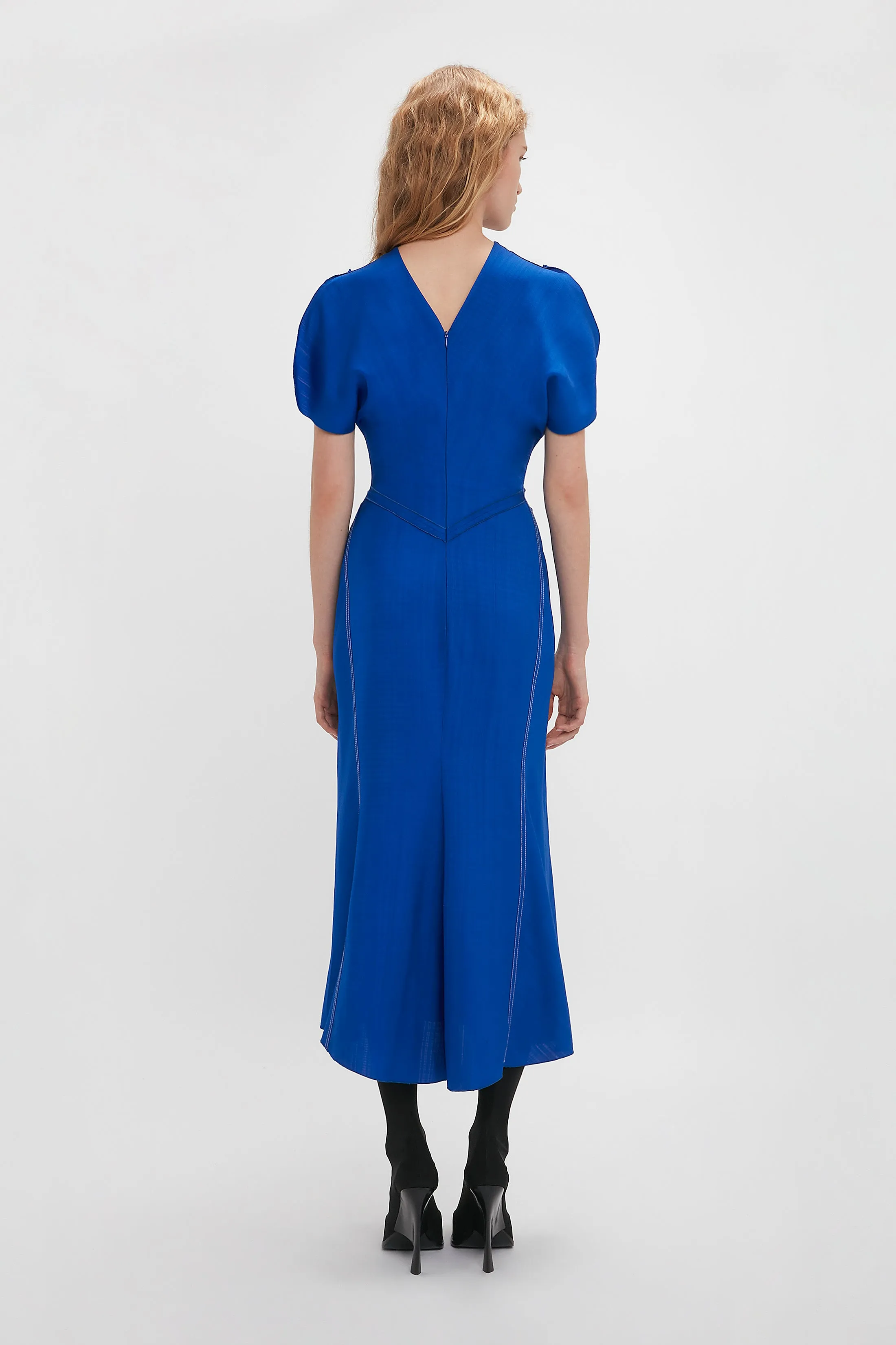 Gathered Waist Midi Dress In Palace Blue