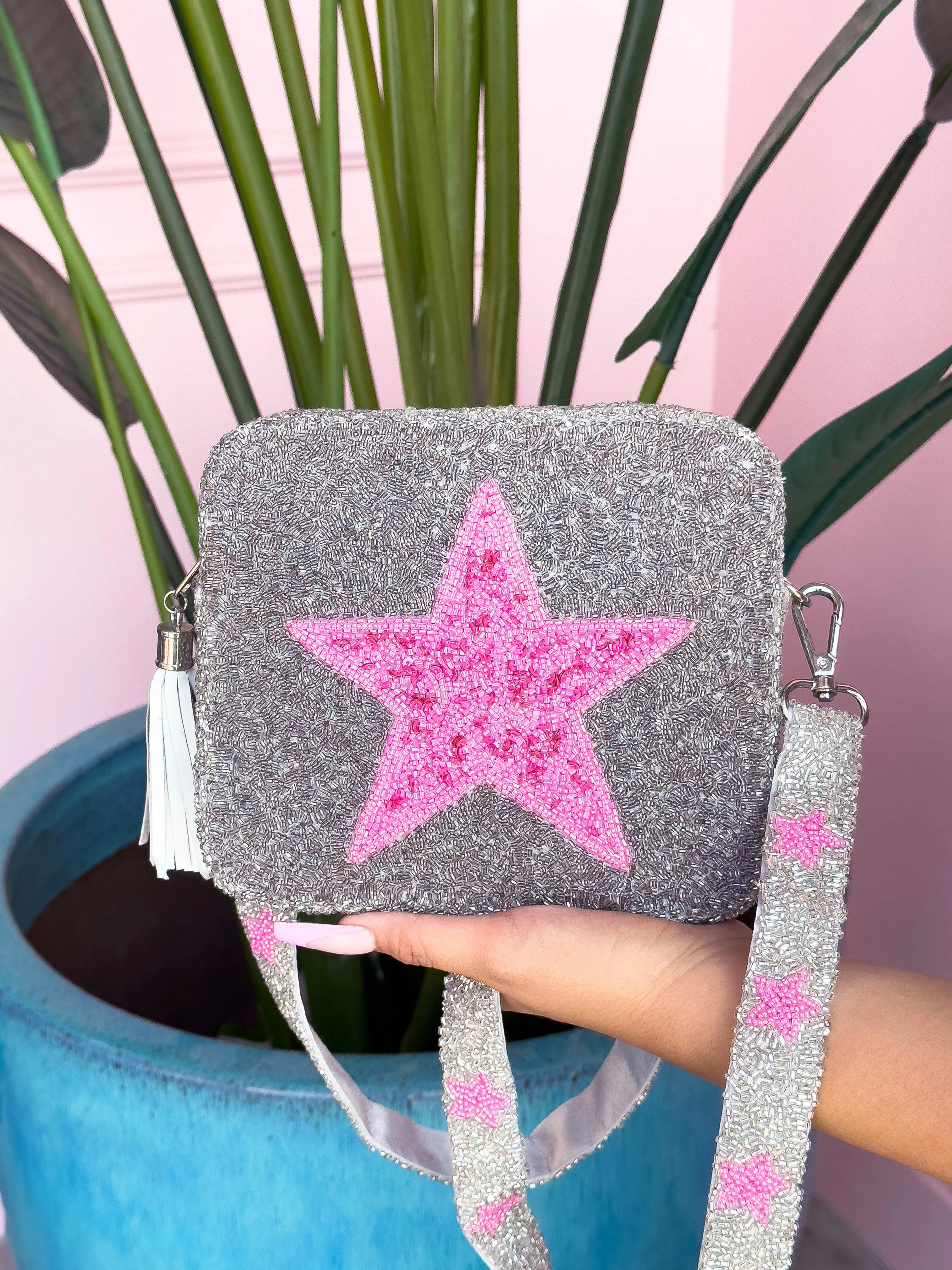 Glamfox - Silver and Pink Star Beaded Crossbody