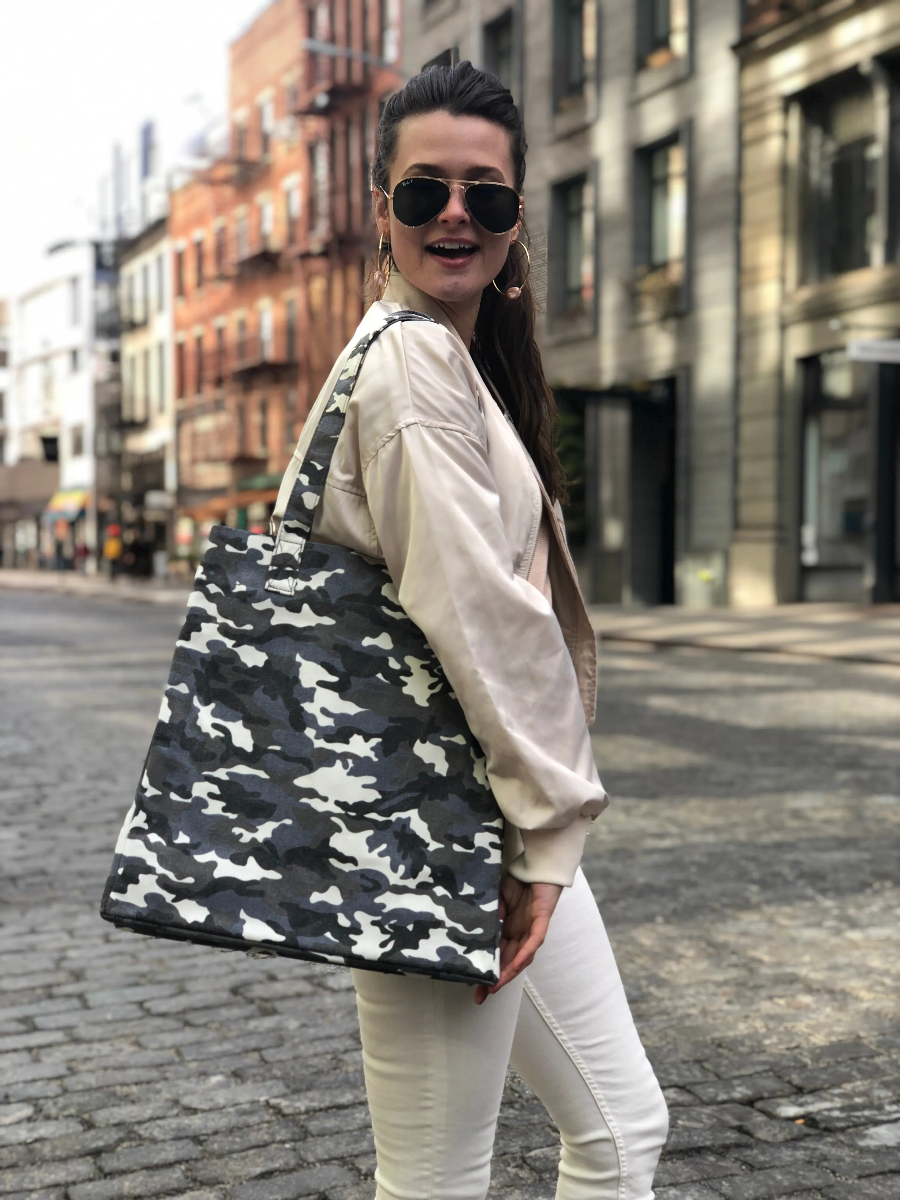 Grey Camo Upright Bag with FREE Black Pom Poms