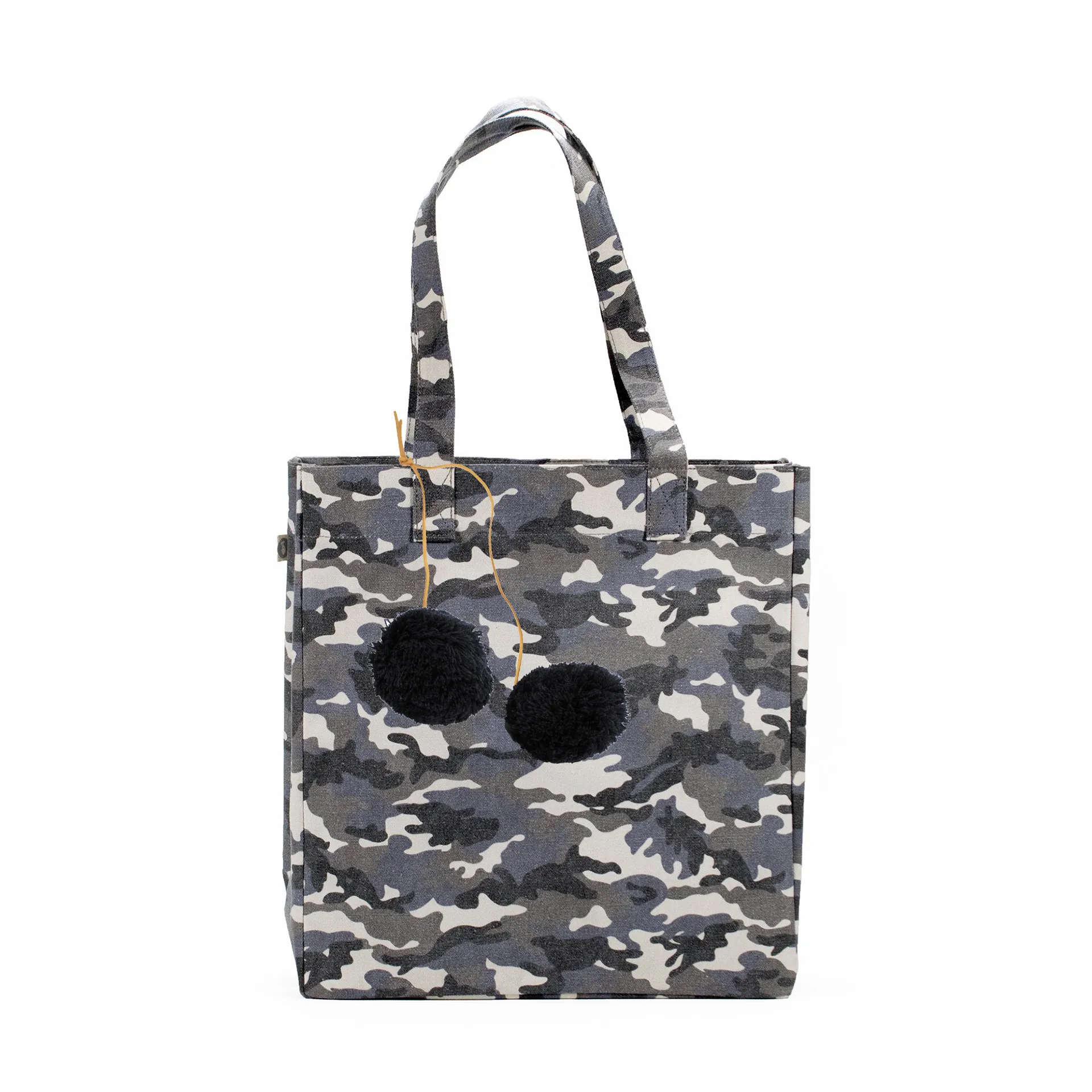 Grey Camo Upright Bag with FREE Black Pom Poms