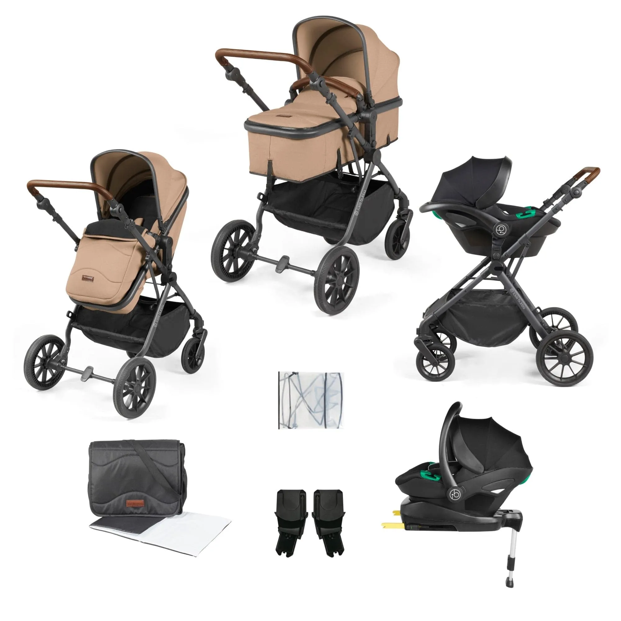 Ickle Bubba Cosmo I-Size Travel System With Stratus Car Seat & Isofix Base - Gunmetal / Desert / Tan