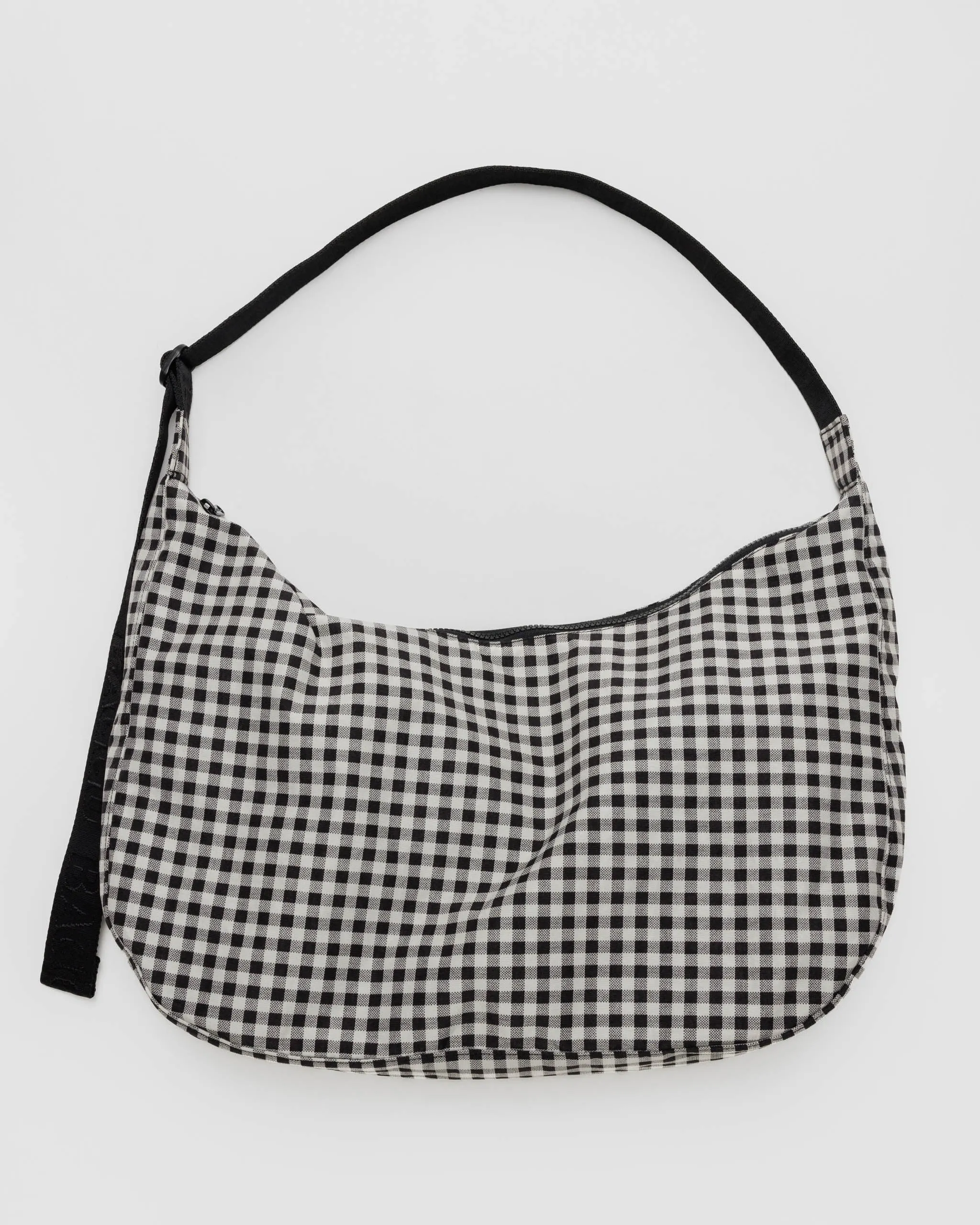 Large Nylon Crescent Bag in Black   White Gingham