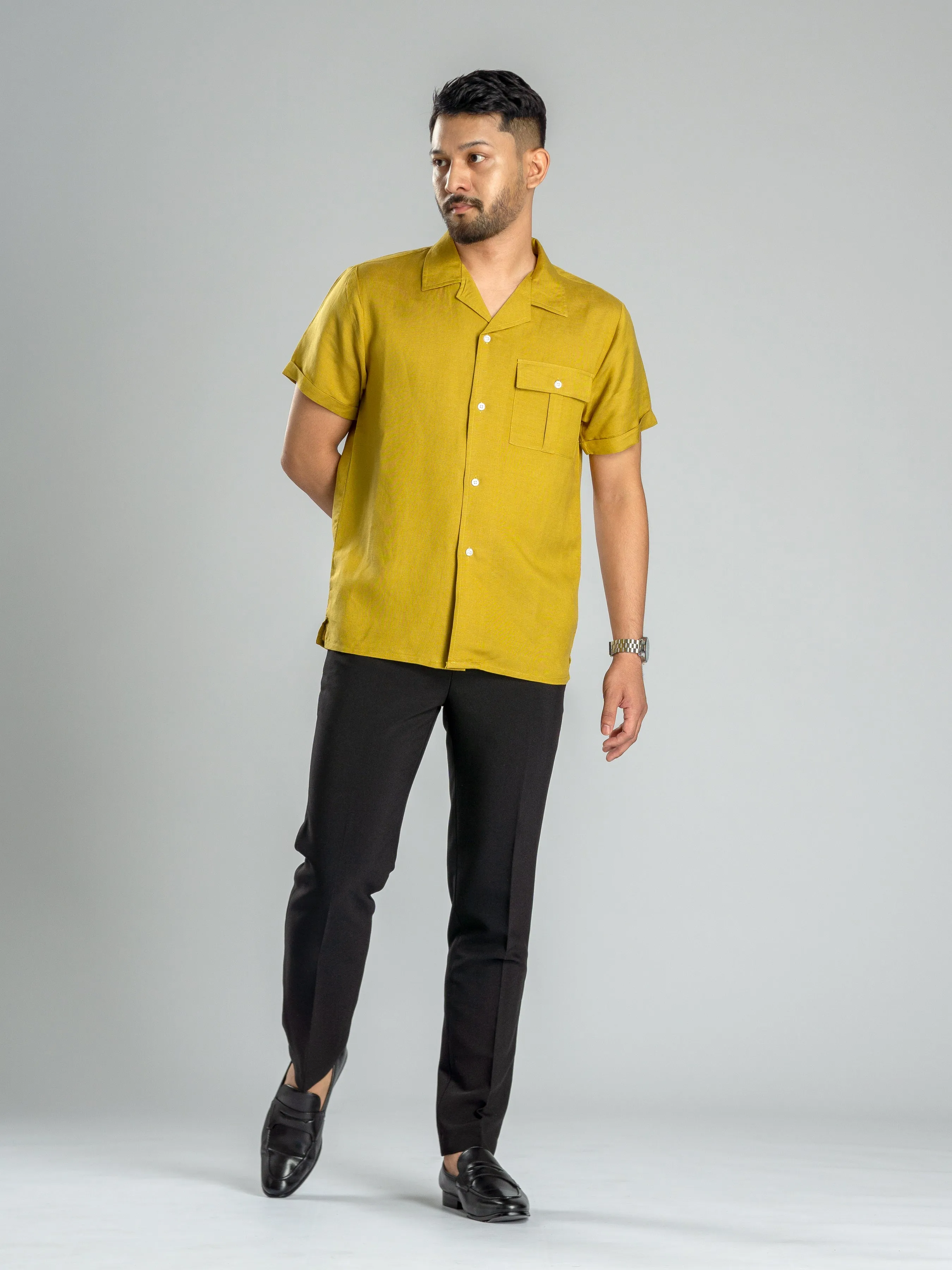 Linen Cuban Collar Shirt - Warm Olive