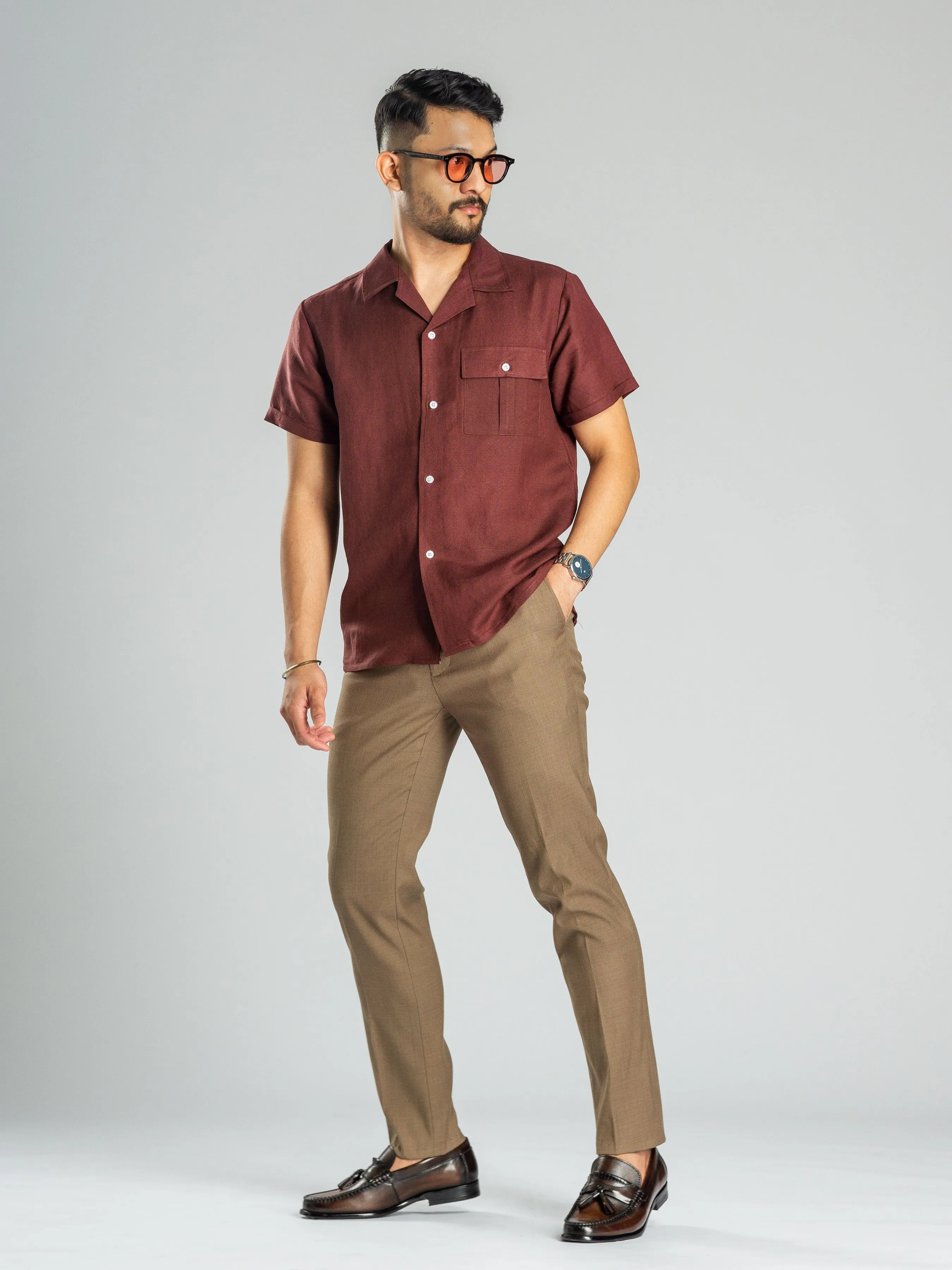 Linen Cuban Collar Shirt - Wine