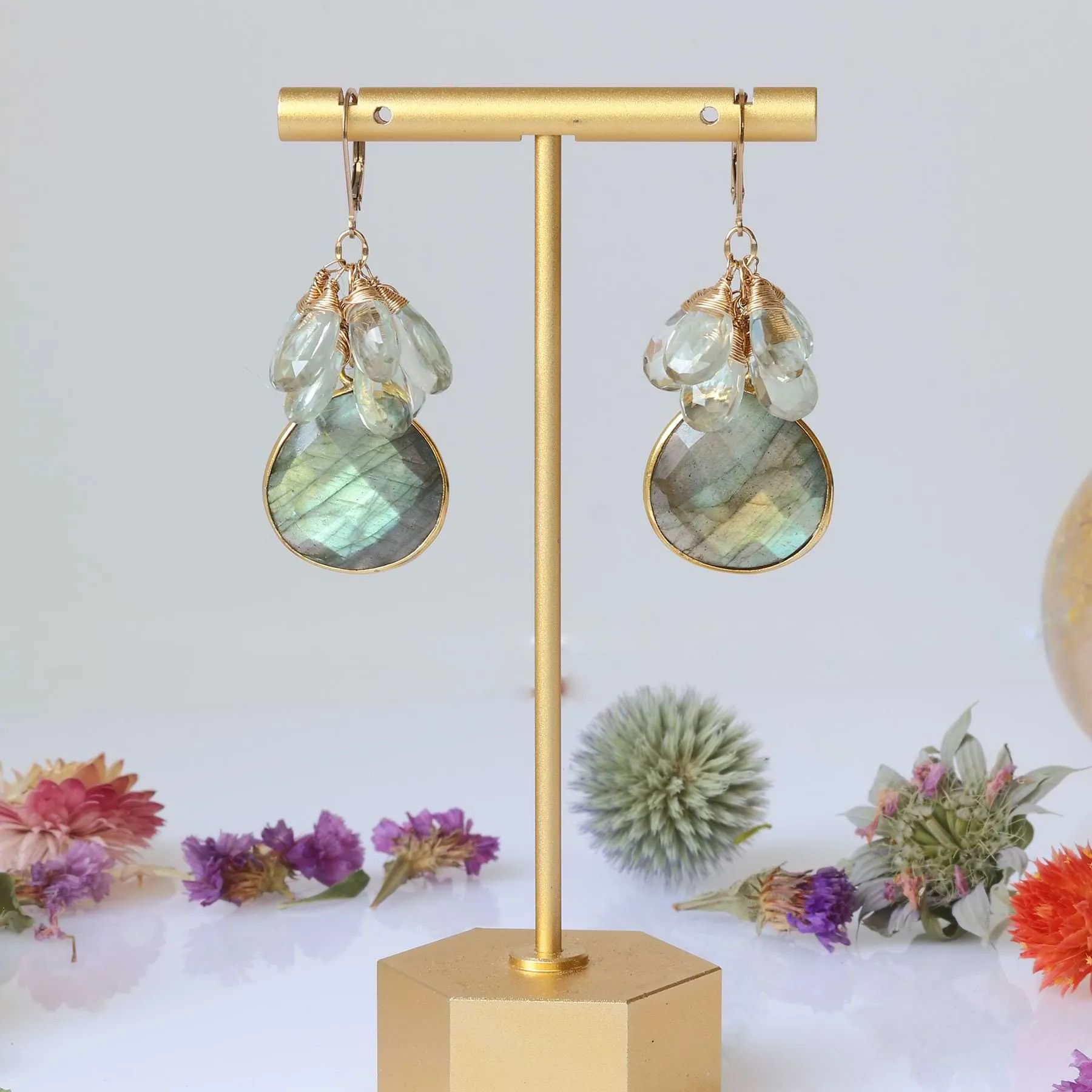 Matcha - Labradorite and Green Amethyst Cluster Gold Earrings