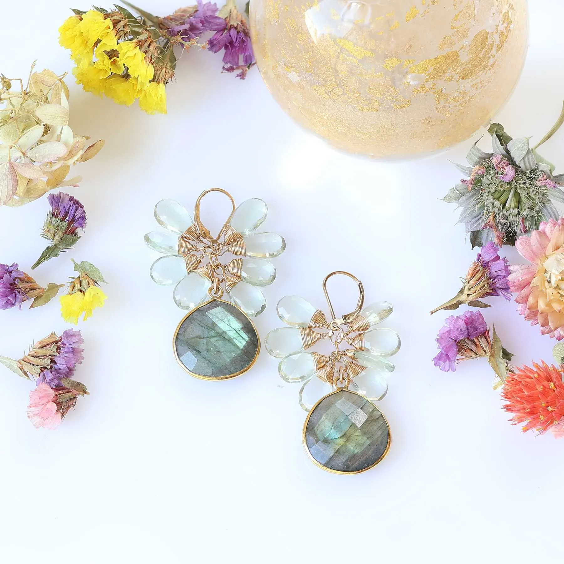 Matcha - Labradorite and Green Amethyst Cluster Gold Earrings