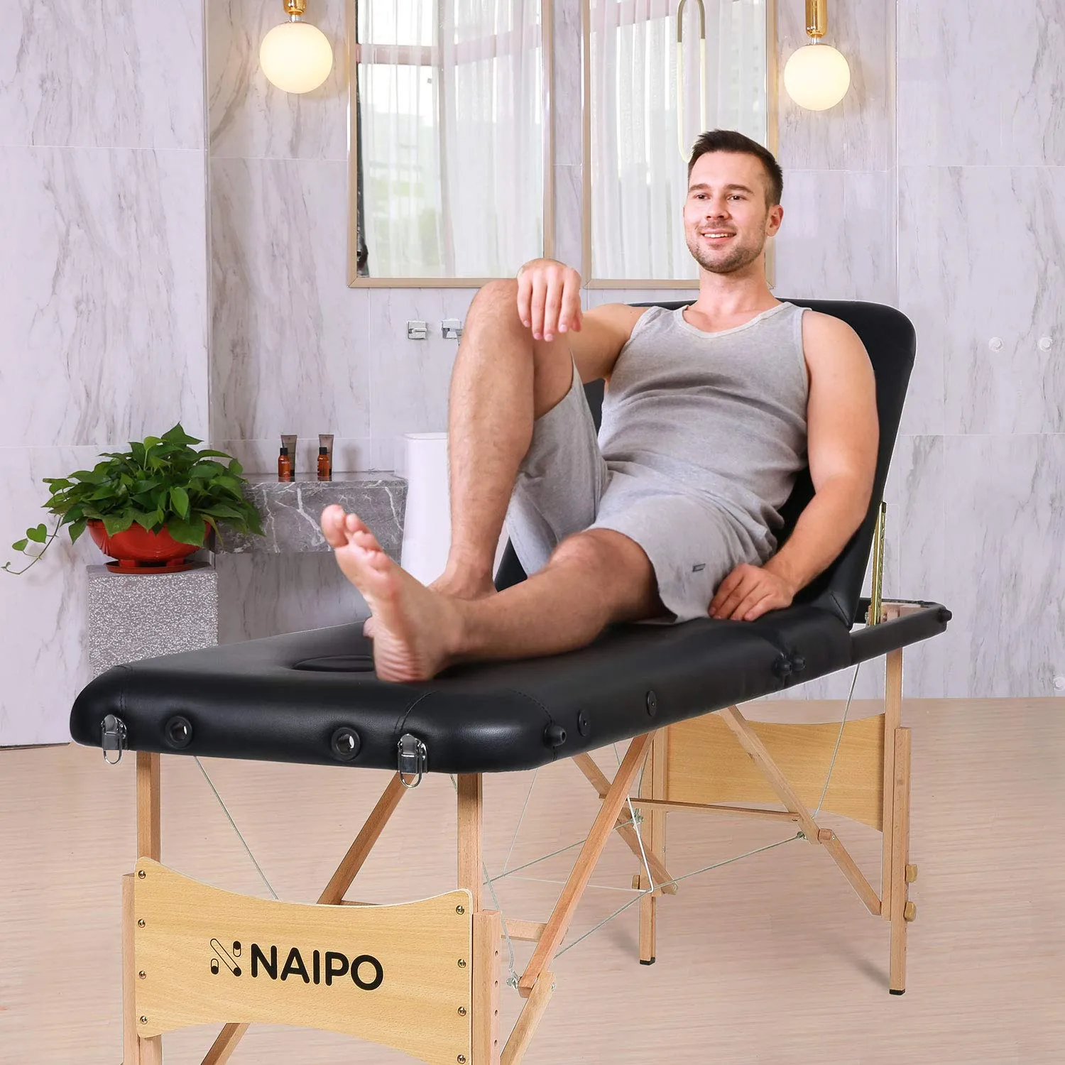 Naipo Portable Massage Table Professional Adjustable Folding Bed with 3 Sections Wooden Frame Ergonomic Headrest and Carrying Bag for Therapy Tattoo Salon Spa Facial Treatment