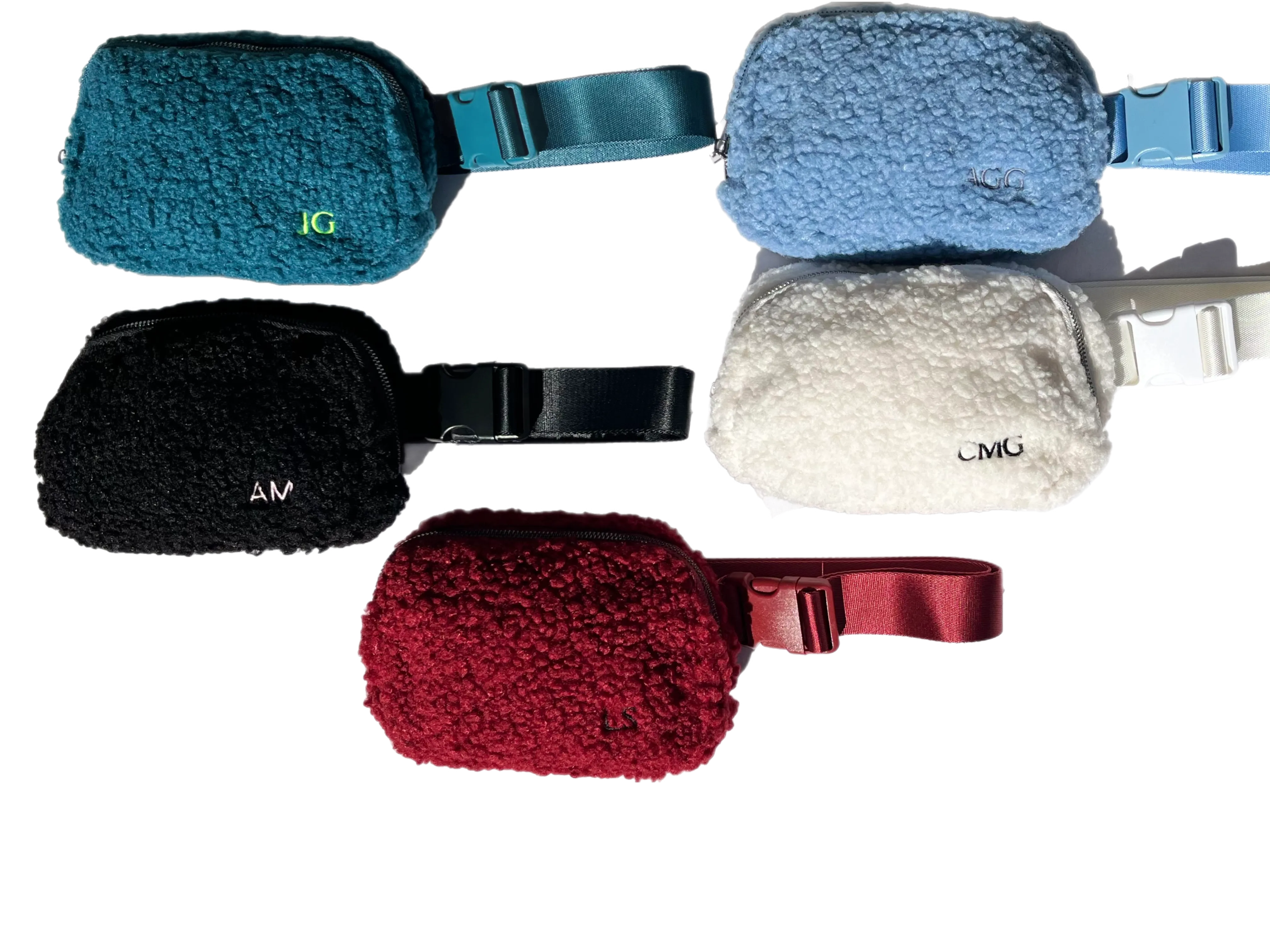 Our favorite belt bag- monogrammmed! Soft sherpa (vegan) available now in 11 colors!