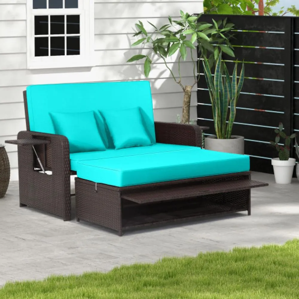 Patio Rattan Daybed with 4-Level Adjustable Backrest and Retractable Side Tray-Turquoise