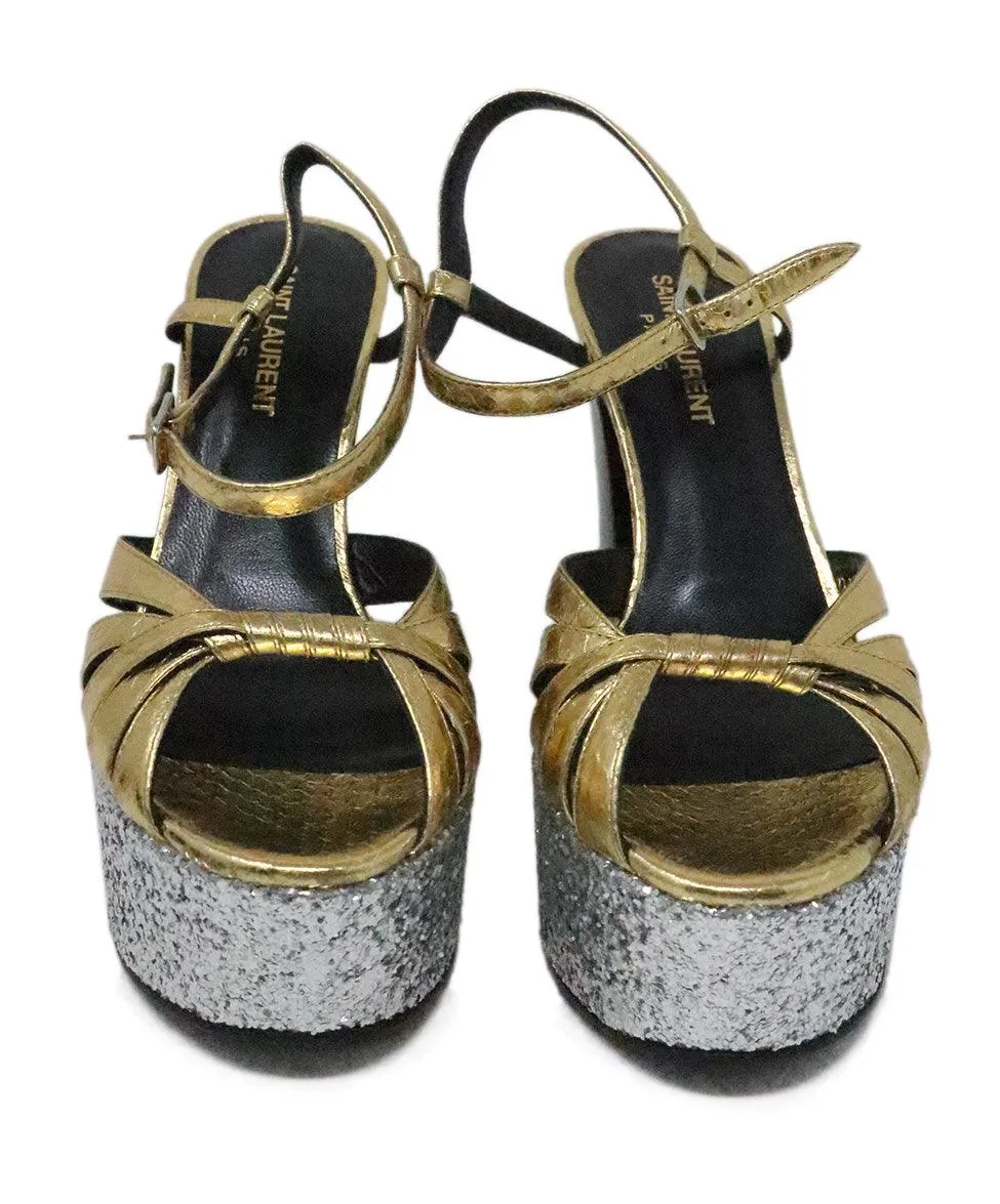 Saint Laurent Gold & Silver Glitter Platform Heels sz 6