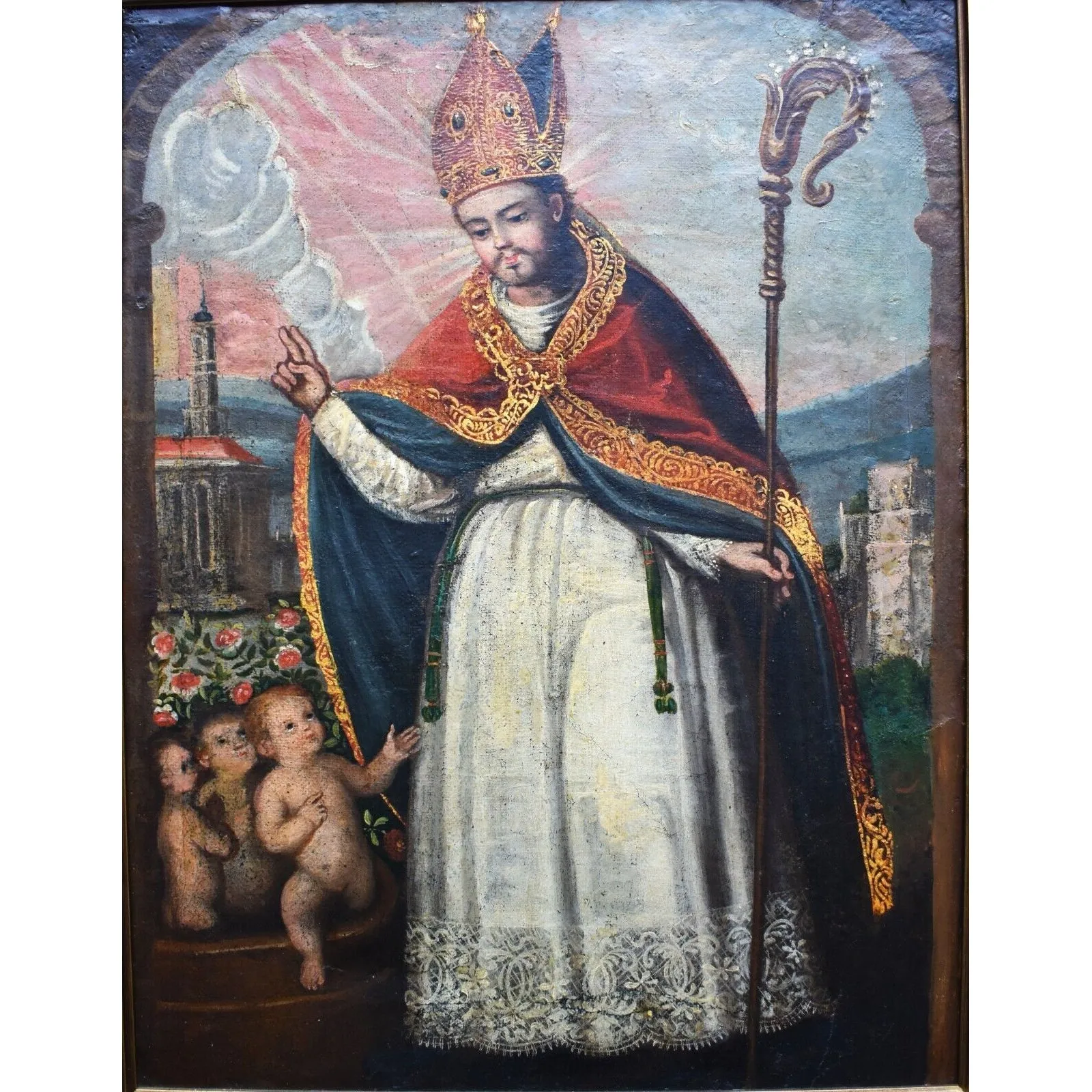 Saint Nicholas San Nicolas Antique 19th C. Spanish Colonial Painting on Canvas/ Retablo