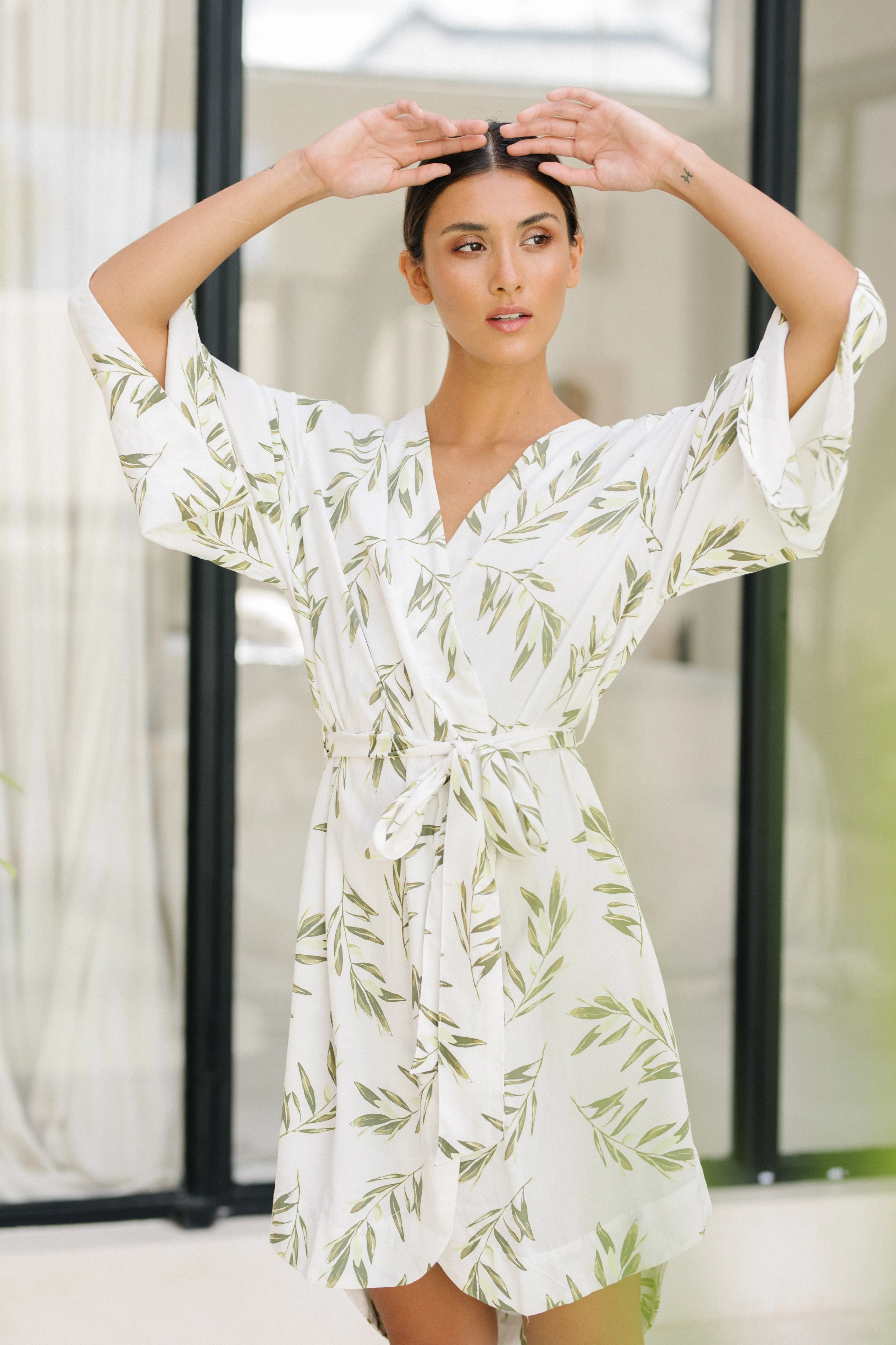 Short Kimono Robe - Olive Leaf