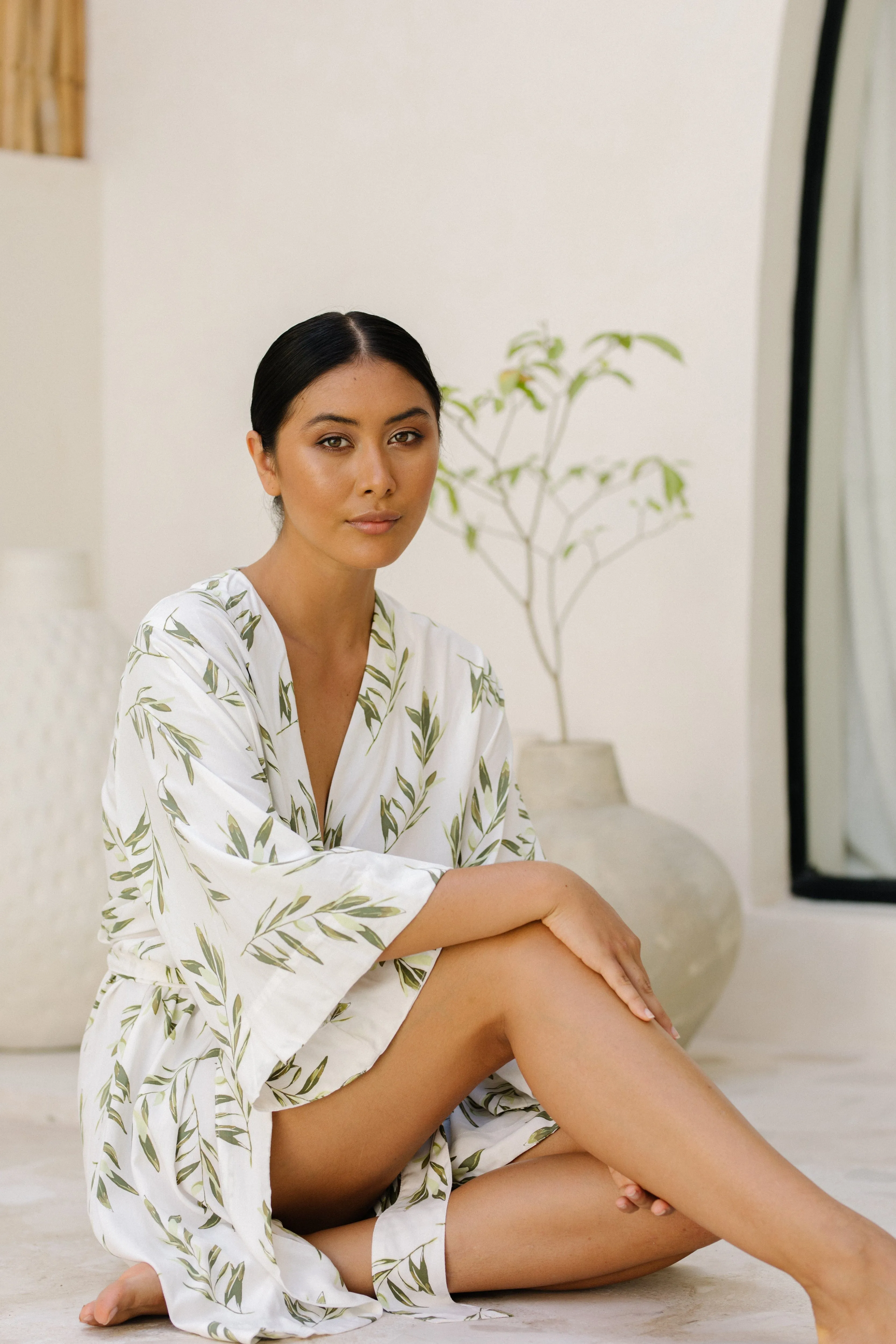 Short Kimono Robe - Olive Leaf