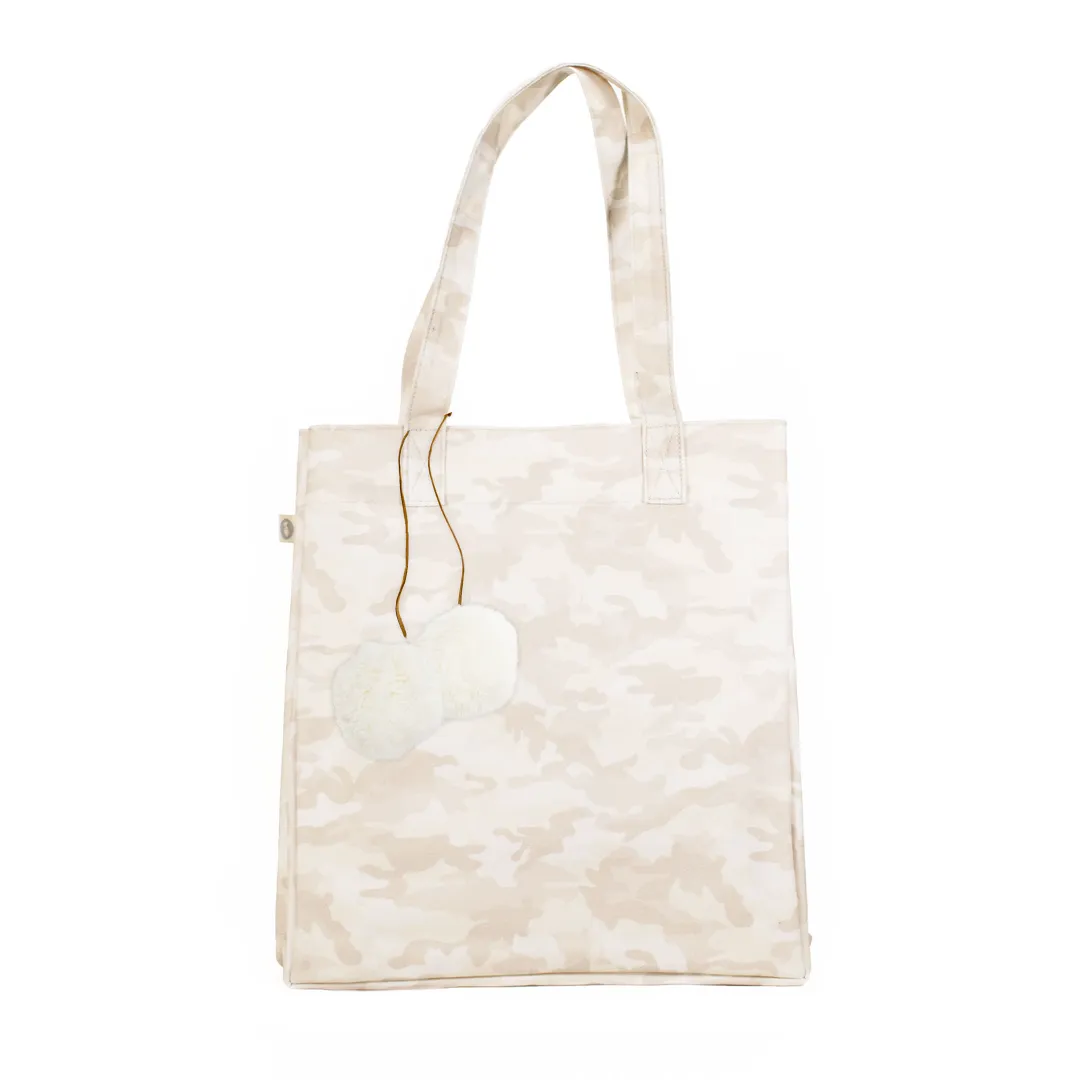 Upright Bag: Blush Camo with Cream Pom Poms