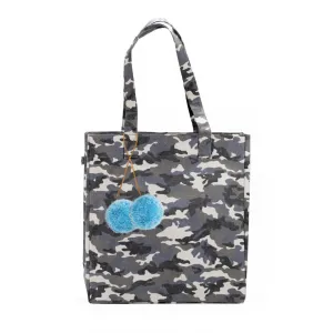 Upright Bag: Grey Camouflage with Light Blue Pom Poms